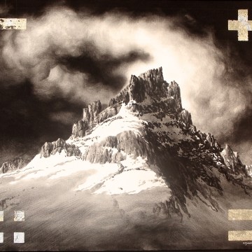 George Kozmon, Western Ridge, acrylic, hand-ground maple charcoal, composition leaf, canvas, 50" x 46"