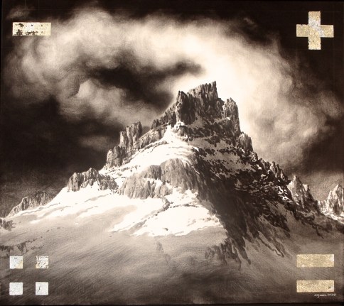 George Kozmon, Western Ridge, acrylic, hand-ground maple charcoal, composition leaf, canvas, 50" x 46"